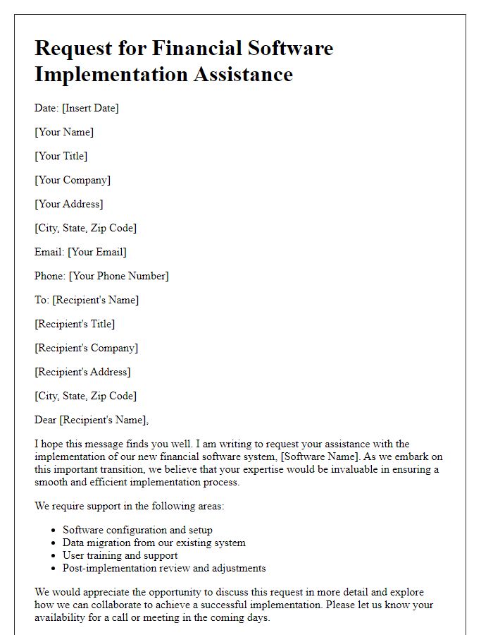 Letter template of request for financial software implementation assistance