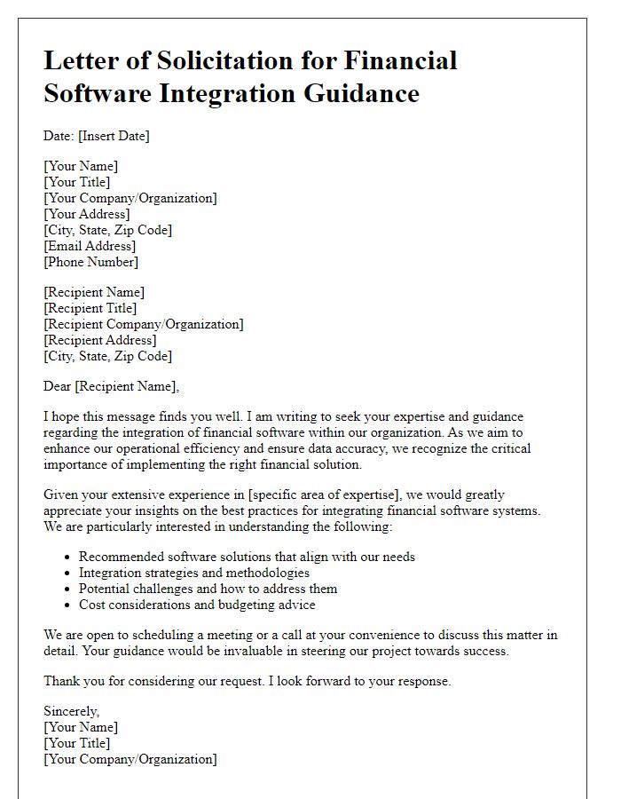 Letter template of solicitation for financial software integration guidance