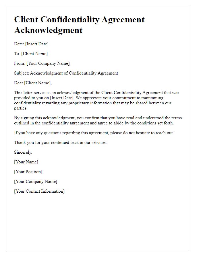 Letter template of client confidentiality agreement acknowledgment