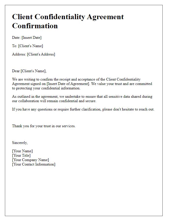 Letter template of client confidentiality agreement confirmation