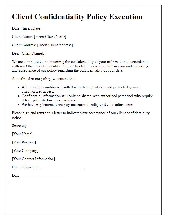 Letter template of client confidentiality policy execution