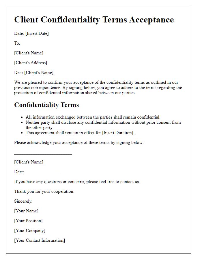 Letter template of client confidentiality terms acceptance