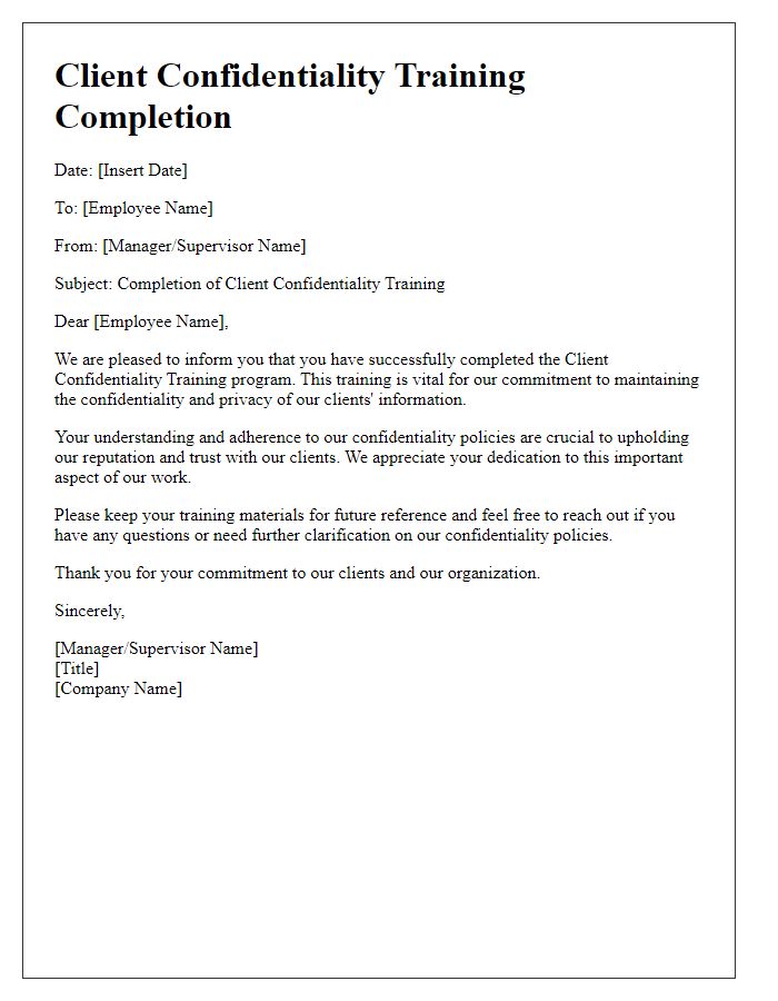 Letter template of client confidentiality training completion