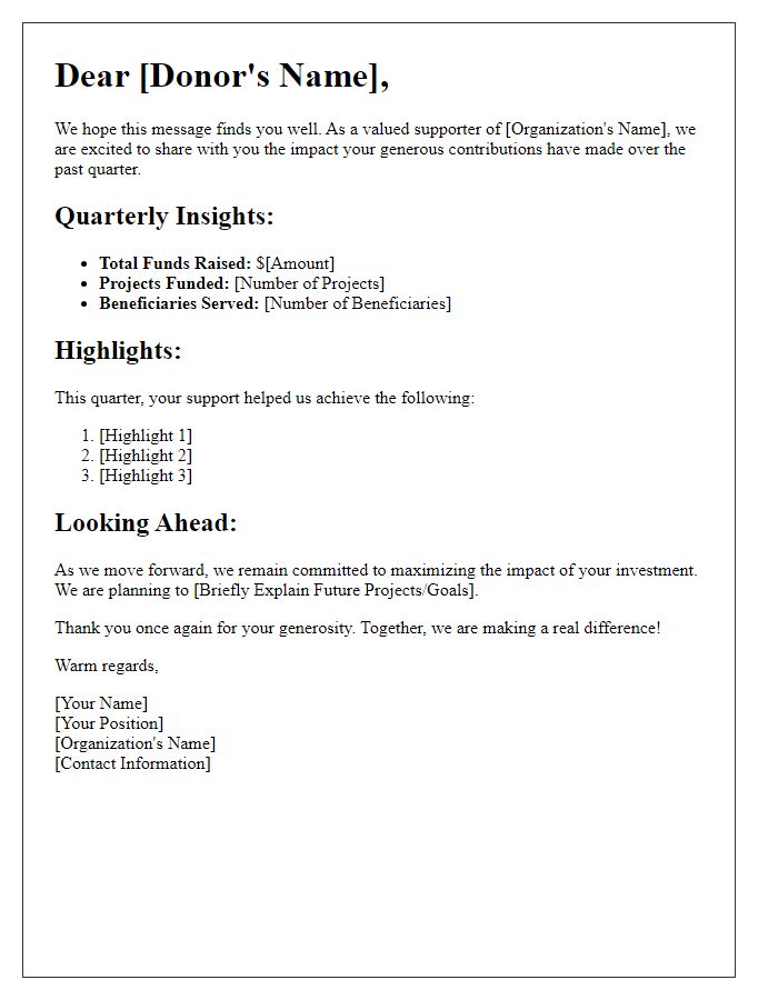 Letter template of quarterly donation impact insights distribution