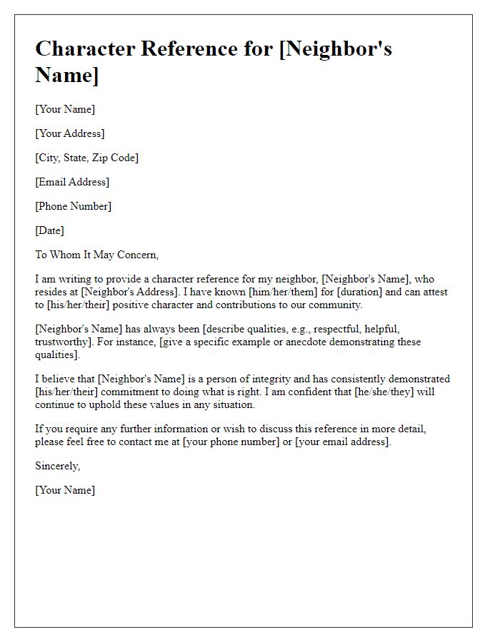 Letter template of neighbor character recommendation for legal matters