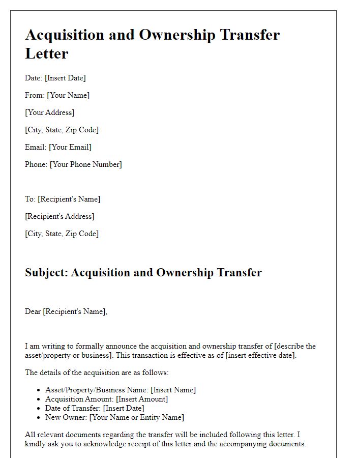 Letter template of acquisition and ownership transfer.