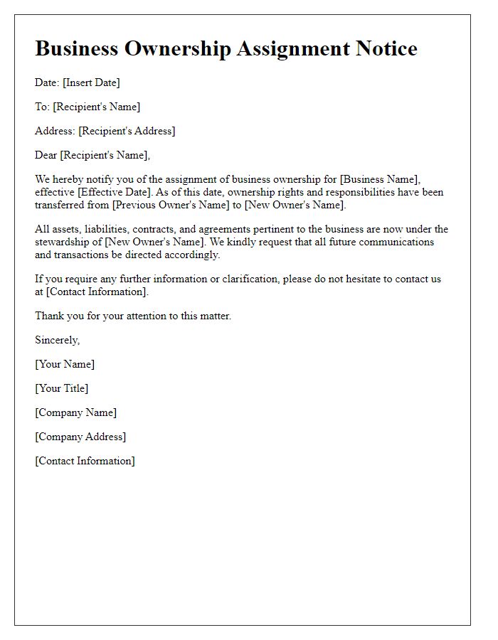 Letter template of business ownership assignment notice.