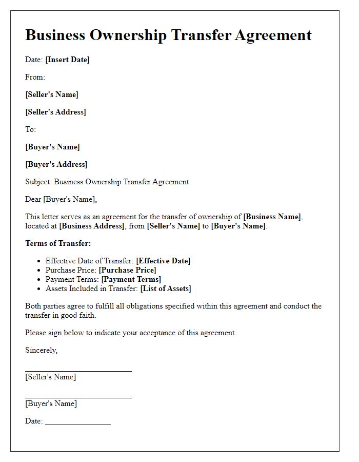 Letter template of business ownership transfer agreement.