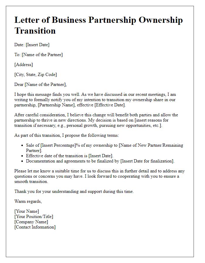 Letter template of business partnership ownership transition.