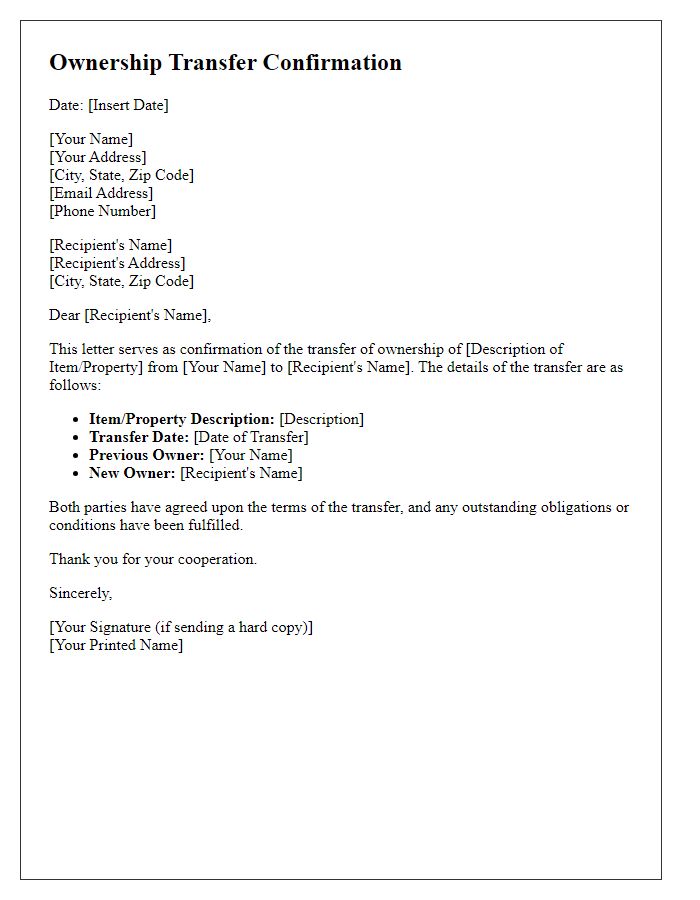 Letter template of ownership transfer confirmation.