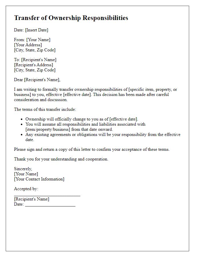 Letter template of transfer of ownership responsibilities.