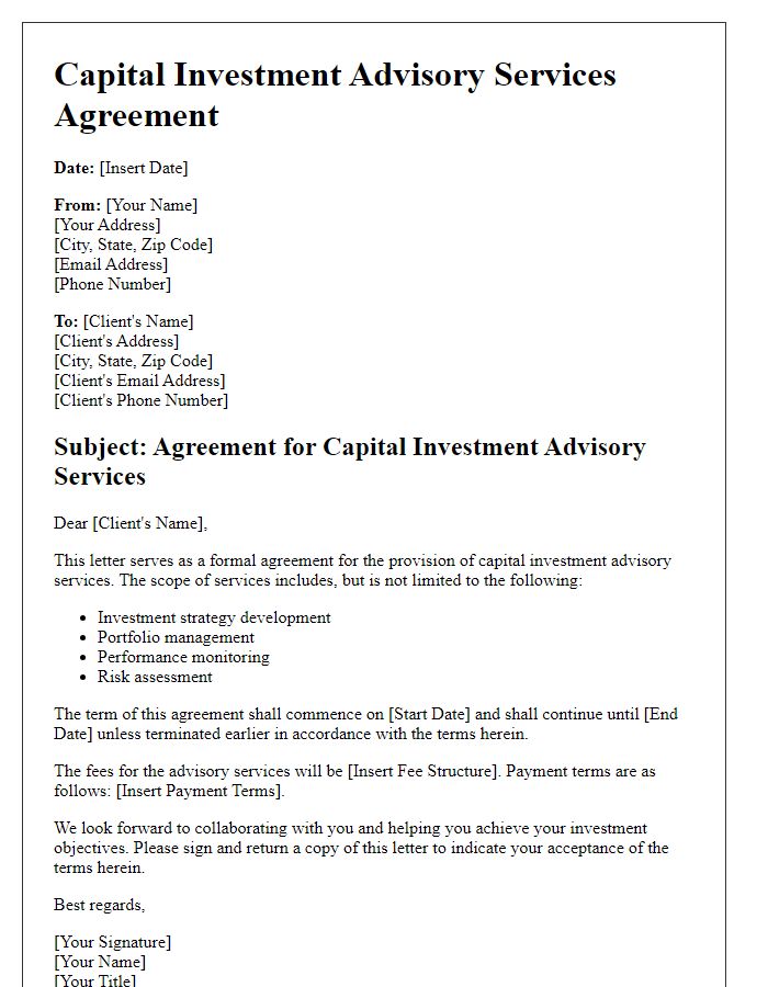 Letter template of capital investment advisory services agreement