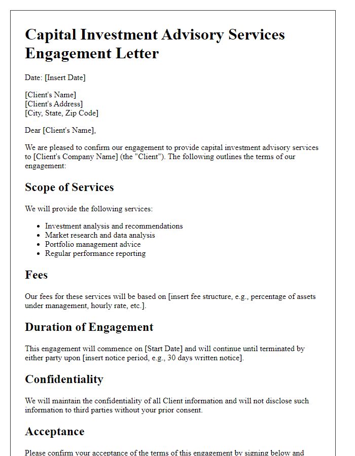 Letter template of capital investment advisory services engagement