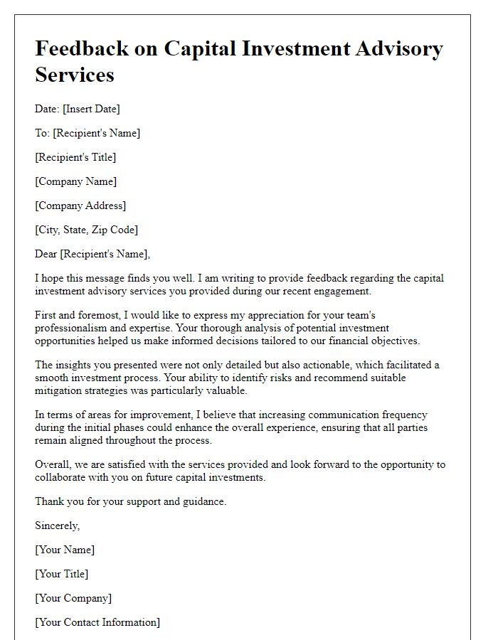 Letter template of capital investment advisory services feedback