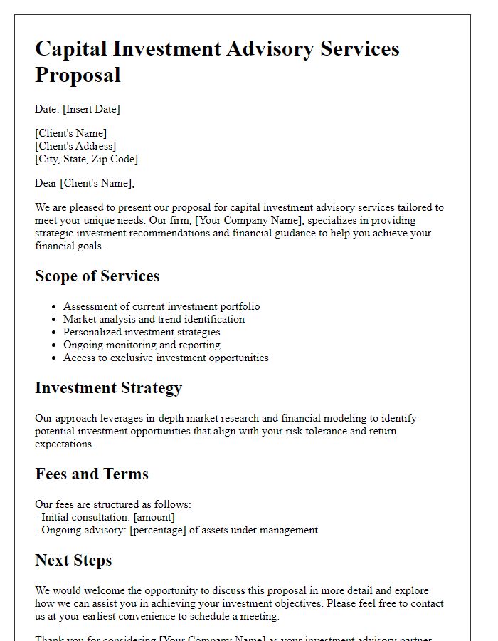 Letter template of capital investment advisory services proposal