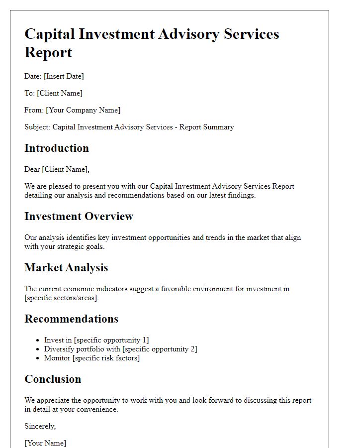 Letter template of capital investment advisory services report