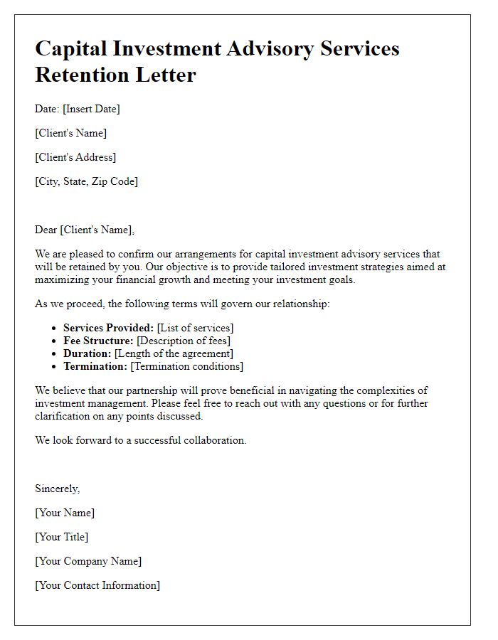 Letter template of capital investment advisory services retention