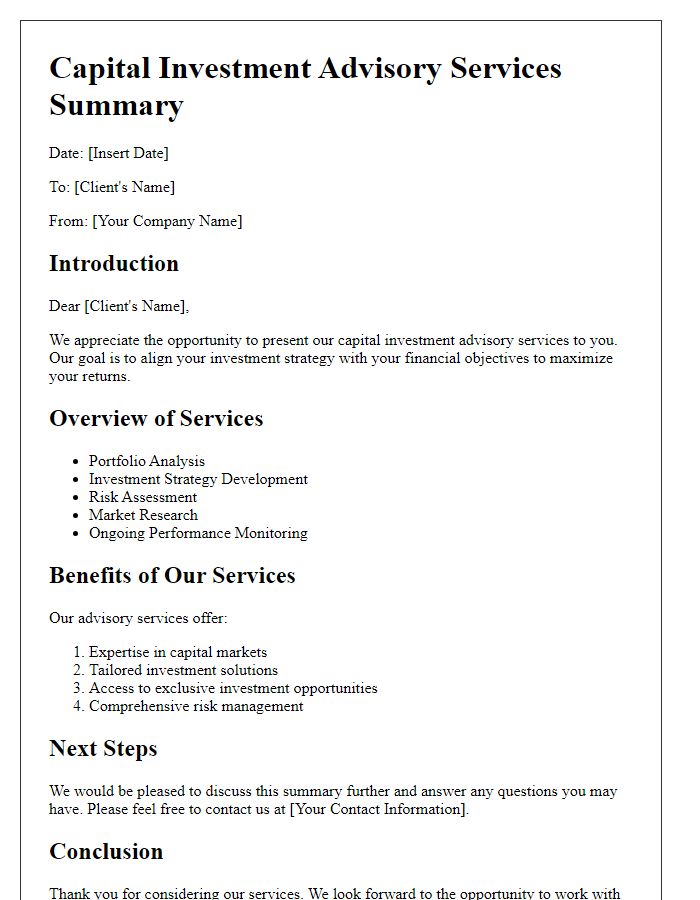 Letter template of capital investment advisory services summary