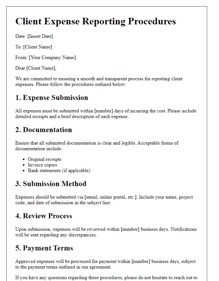 Letter template of Client Expense Reporting Procedures