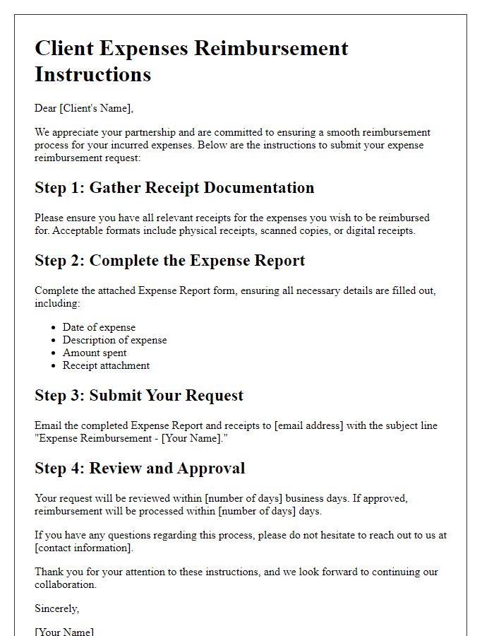 Letter template of Client Expenses Reimbursement Instructions