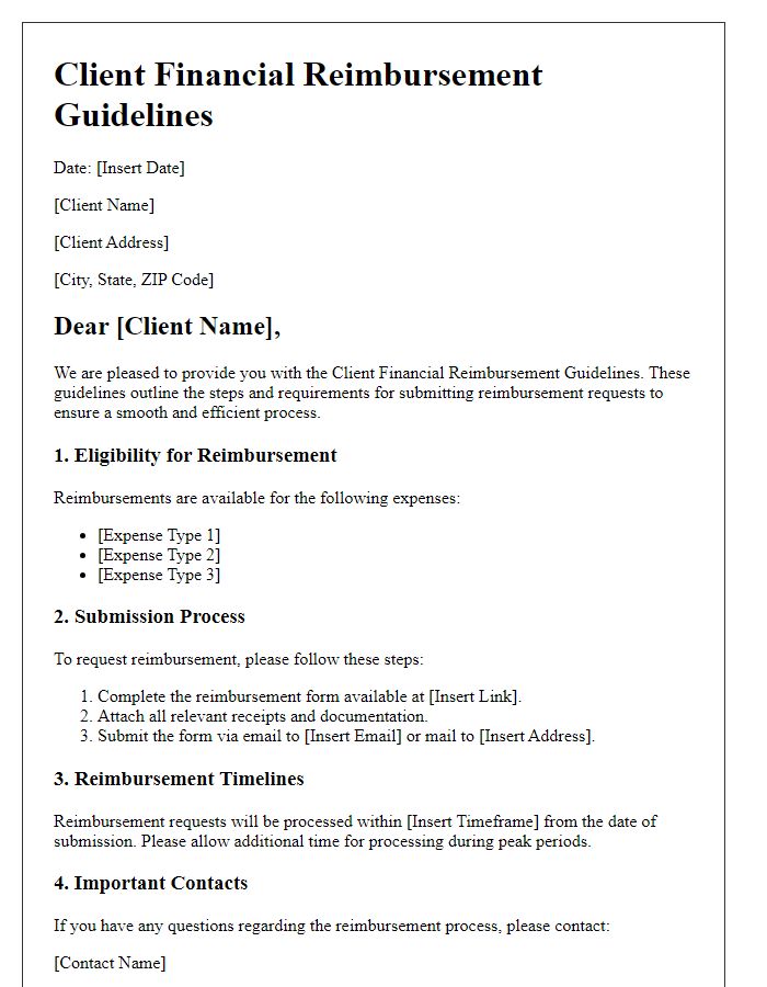 Letter template of Client Financial Reimbursement Guidelines