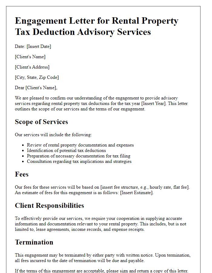 Letter template of engagement for rental property tax deduction advisory services