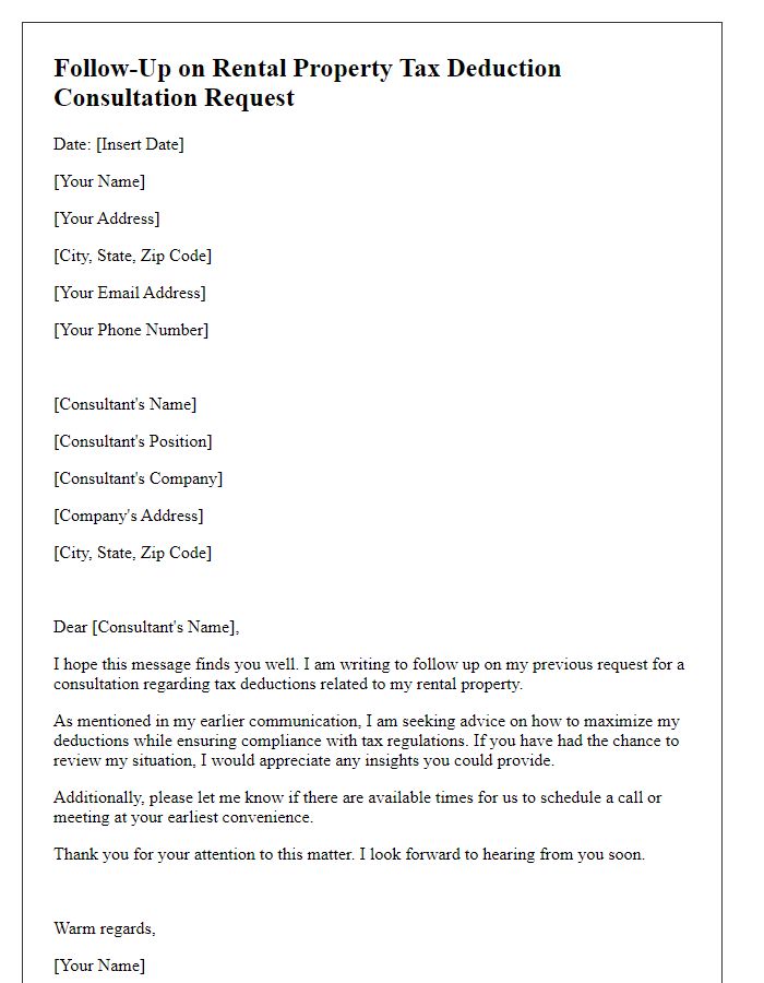 Letter template of follow-up on rental property tax deduction consultation request