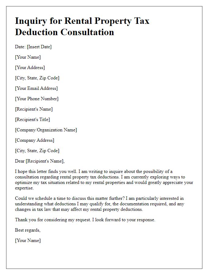 Letter template of inquiry for rental property tax deduction consultation