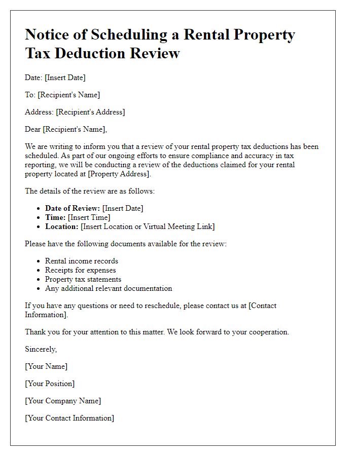 Letter template of notice for scheduling a rental property tax deduction review