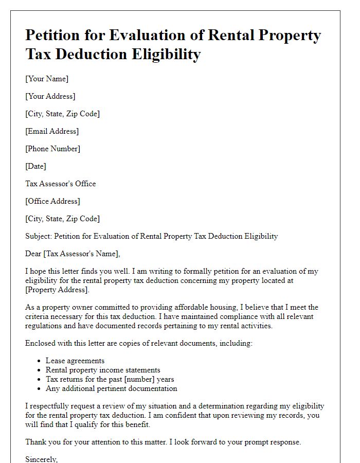 Letter template of petition for evaluation of rental property tax deduction eligibility