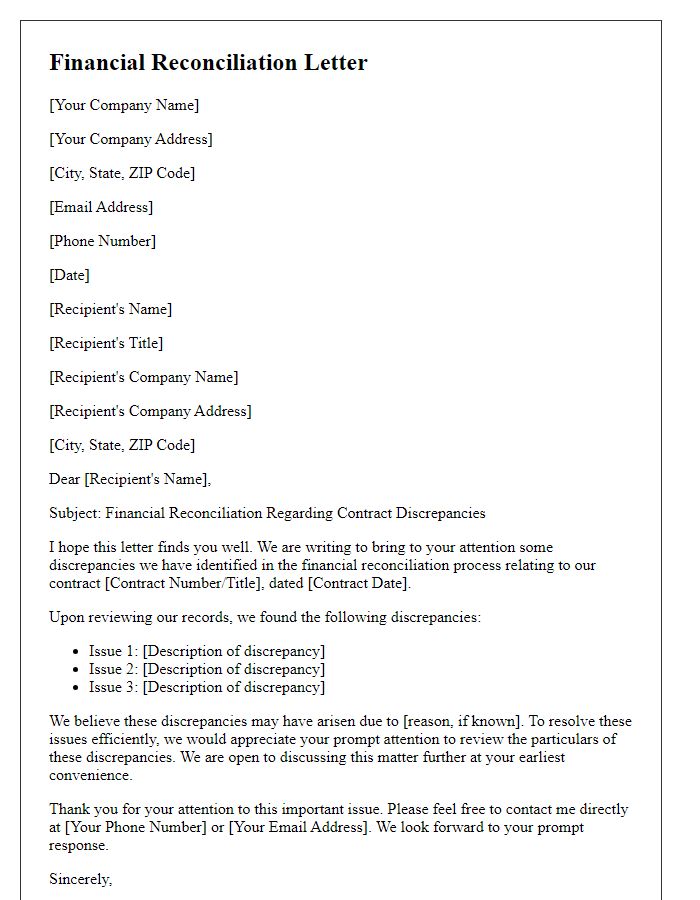 Letter template of financial reconciliation about contract discrepancies.