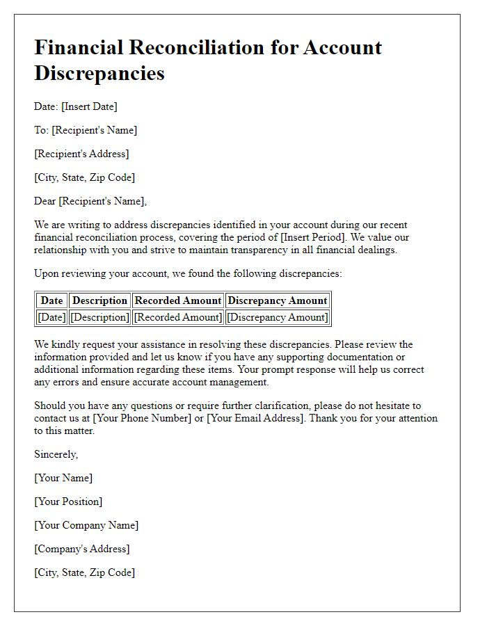 Letter template of financial reconciliation for account discrepancies.