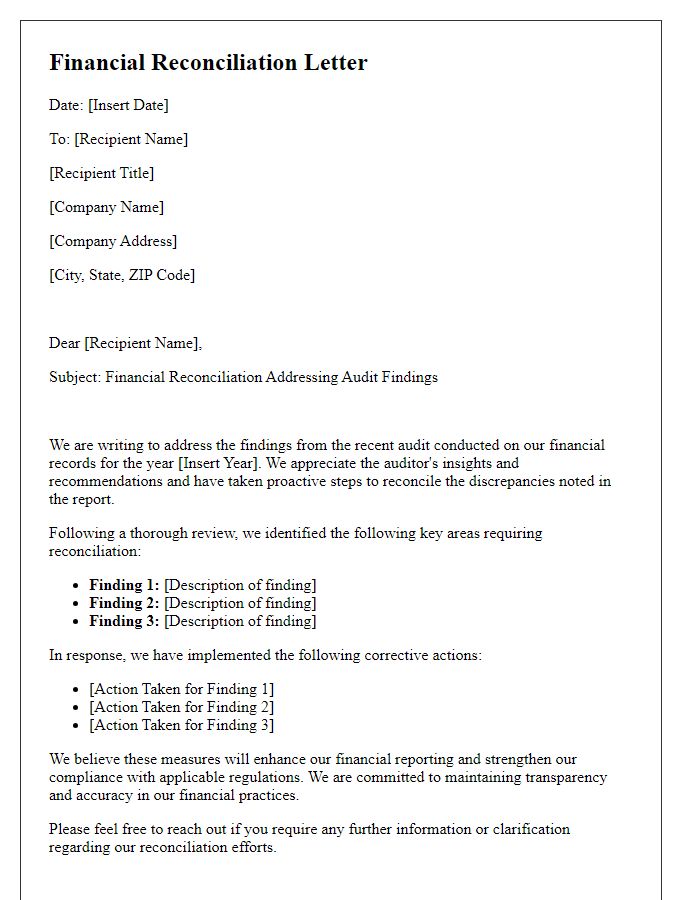 Letter template of financial reconciliation addressing audit findings.