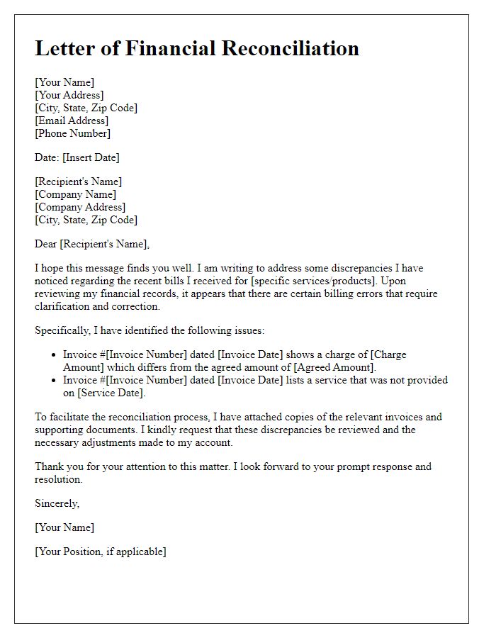 Letter template of financial reconciliation addressing billing errors.