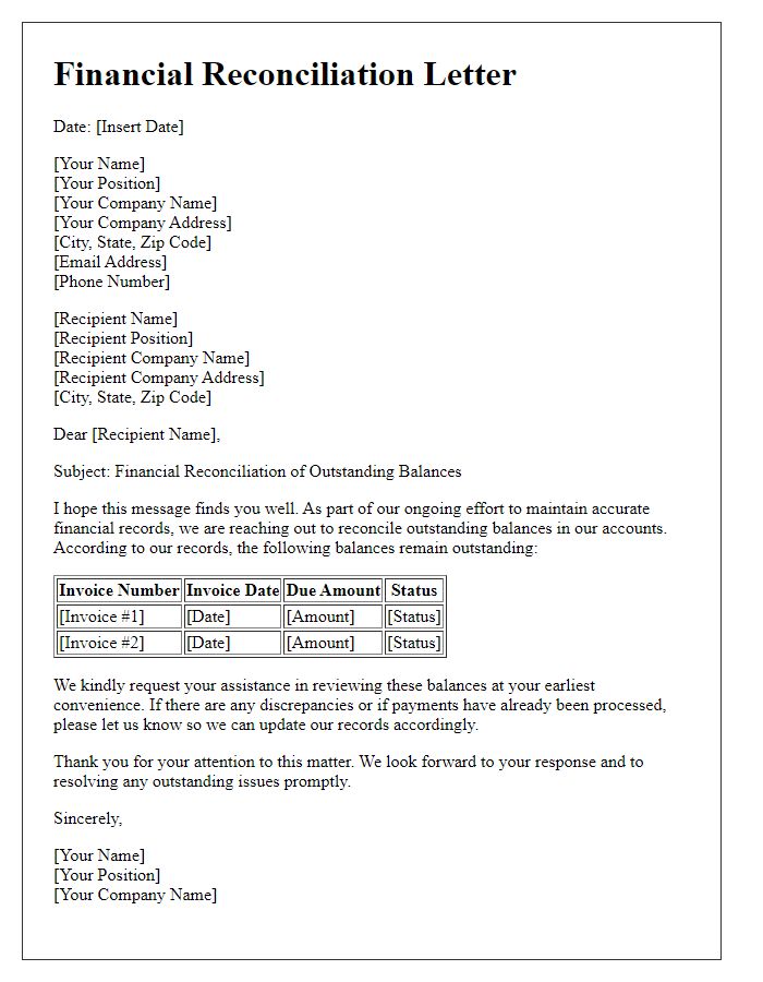 Letter template of financial reconciliation concerning outstanding balances.