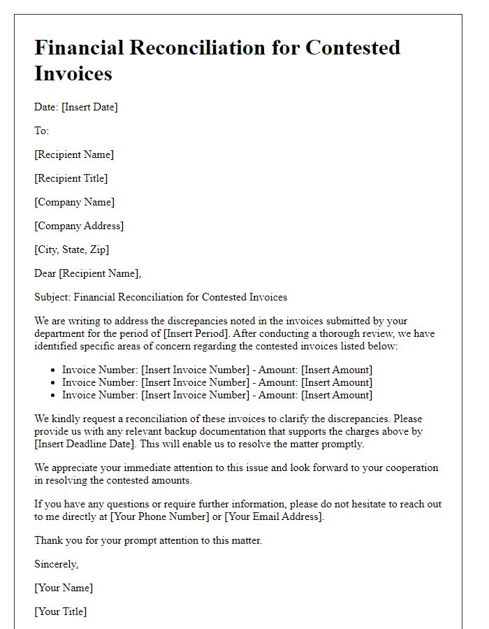 Letter template of financial reconciliation for contested invoices.