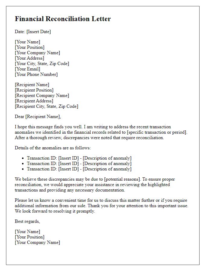 Letter template of financial reconciliation over transaction anomalies.