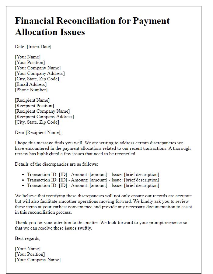 Letter template of financial reconciliation for payment allocation issues.