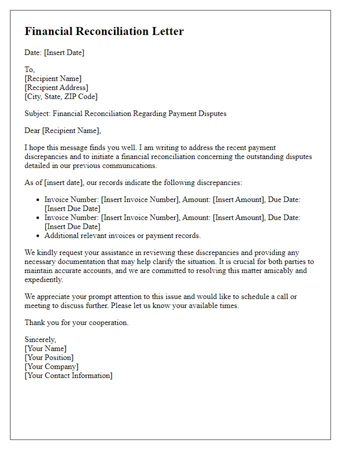 Letter template of financial reconciliation regarding payment disputes.