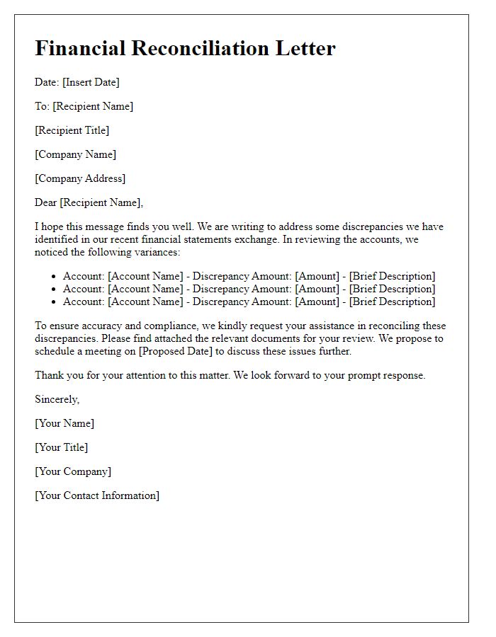 Letter template of financial reconciliation for resolving financial statements discrepancies.