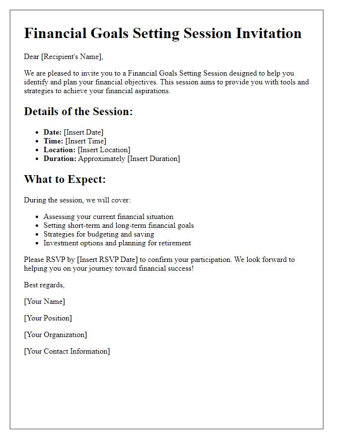 Letter template of financial goals setting session