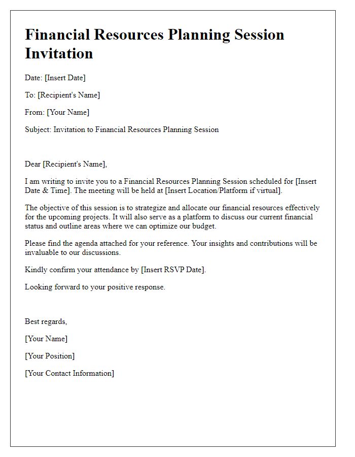 Letter template of financial resources planning session