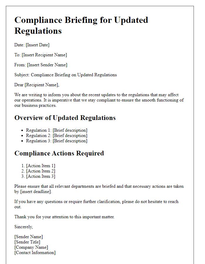 Letter template of compliance briefing for updated regulations