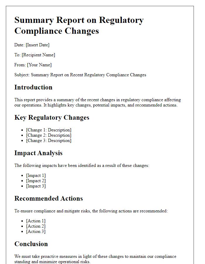 Letter template of summary report on regulatory compliance changes