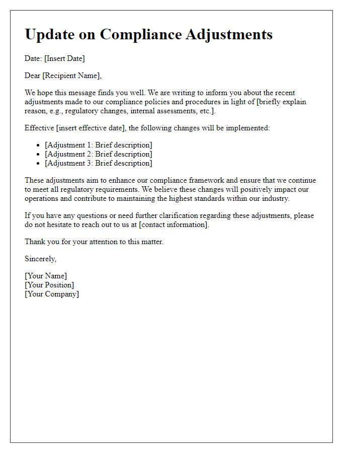 Letter template of update communication regarding compliance adjustments