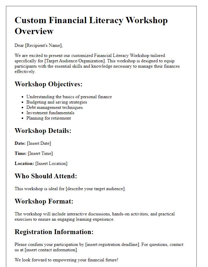 Letter template of custom financial literacy workshop overview