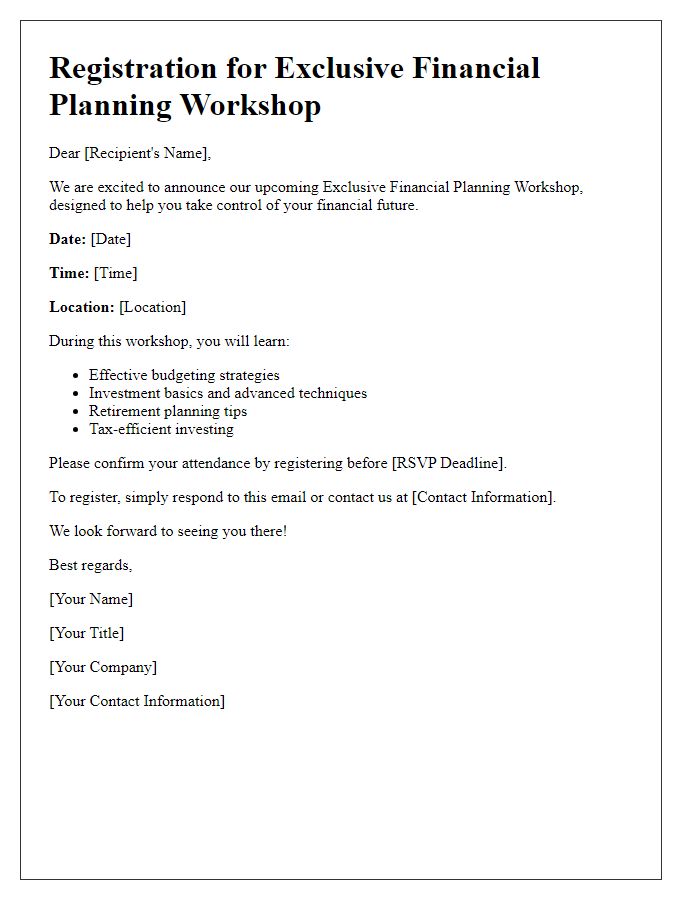 Letter template of exclusive financial planning workshop registration