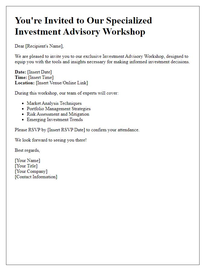 Letter template of specialized investment advisory workshop invite