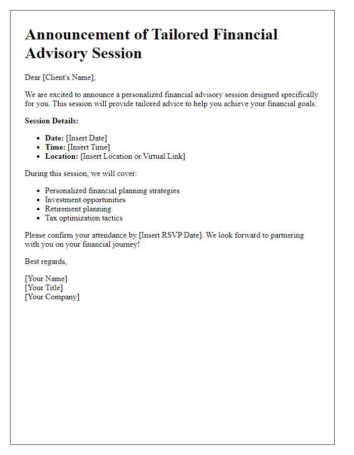 Letter template of tailored financial advisory session announcement