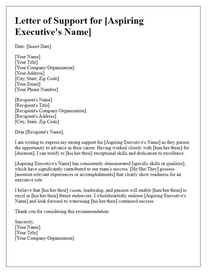 Letter template of backing for an aspiring executive professional.